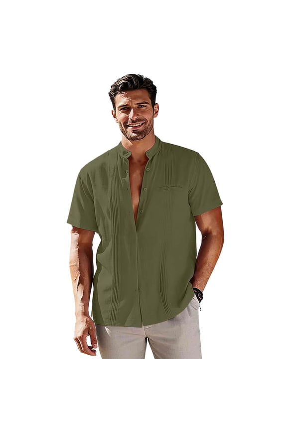 Mens Linen Cotton Button down Shirts Summer Short Sleeve Tee Shirt Casual Vacation Travel Tops