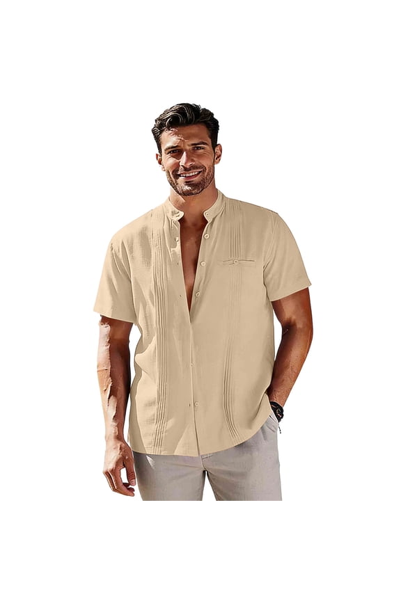 Mens Linen Cotton Button down Shirts Summer Short Sleeve Tee Shirt Casual Vacation Travel Tops