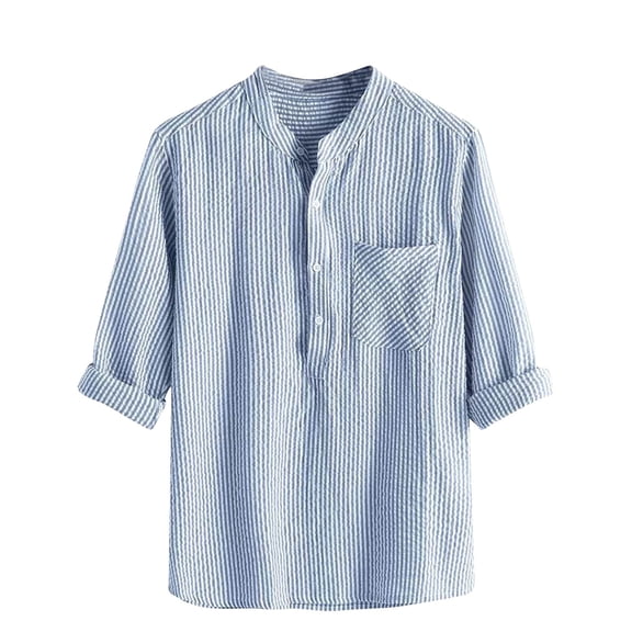 HAiming Mens Long Sleeve Striped Shirts Summer Trendy Stand Collar Button Tops Plus Size Casual Blouses with Pockets