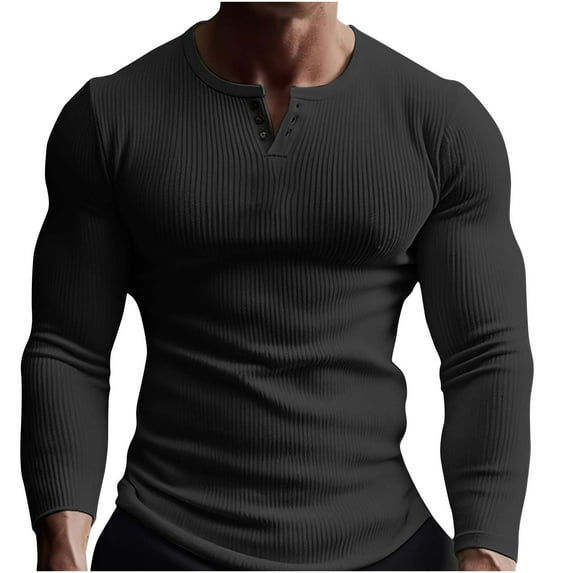 HAiming Mens Long Sleeved Shirts Solid Color Button V Neck Slim Ribbed Knit Pullover Tops Fall Plus Size Casual Blouse