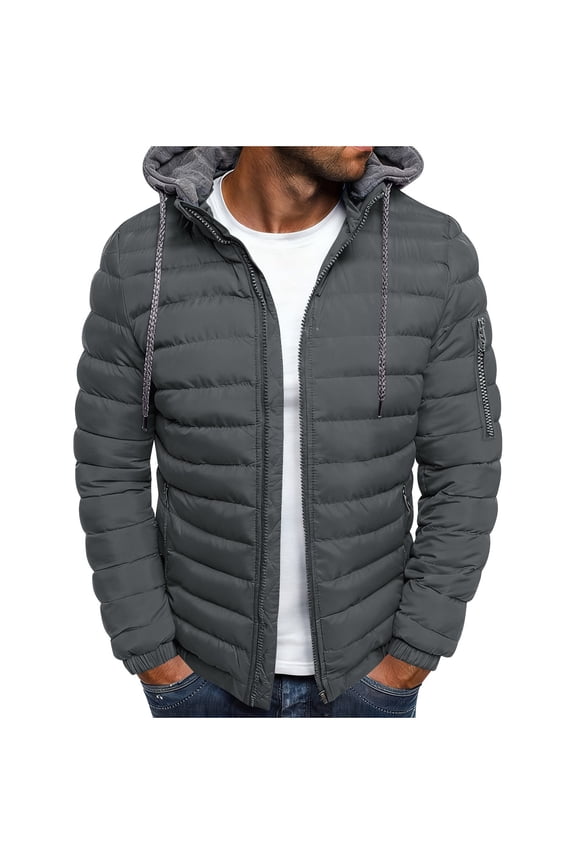 Mens Padded Jacket with Hood Warm Winter Coat Quilted Insulated Zip up Outwear with Pockets