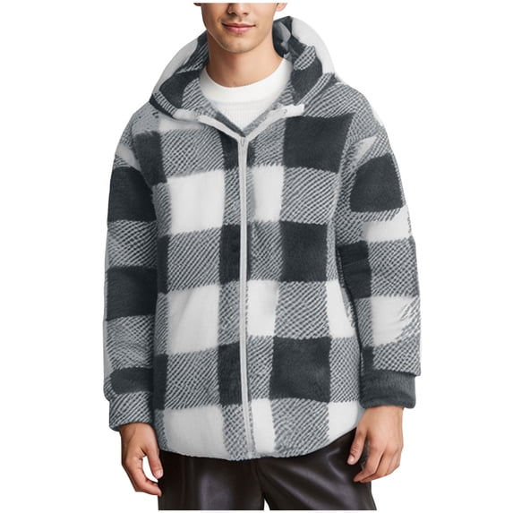 HAiming Mens Plaid Fleece Jacket Long Sleeve Zip up Hooded Coat Winter Plus Size Casual Loose Warm Outwear with Pocket