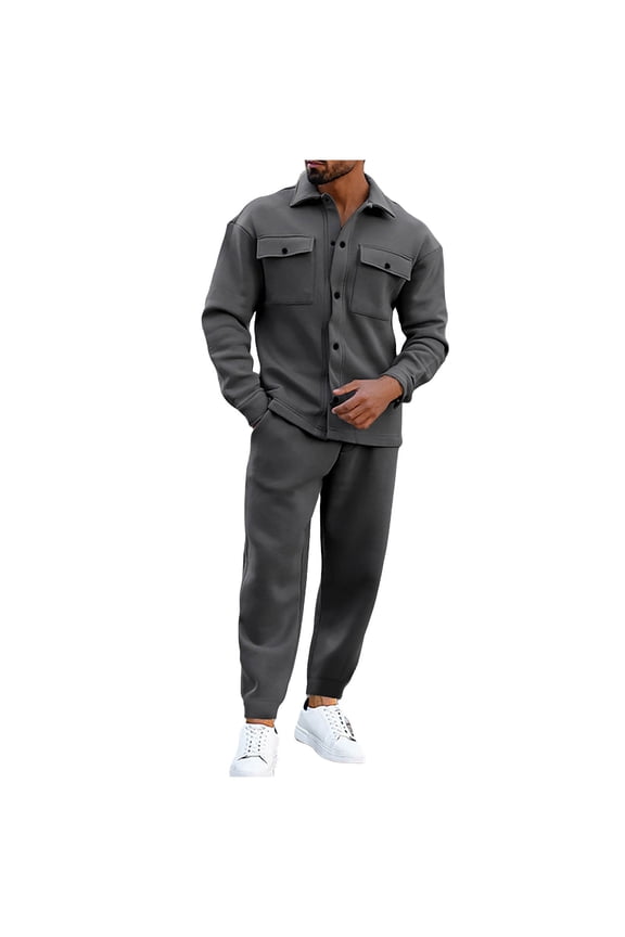 Mens Sets 2 Pieces Tracksuit Long Sleeve Button up Cargo Jacket and Jogger Pants Solid Color Outfits