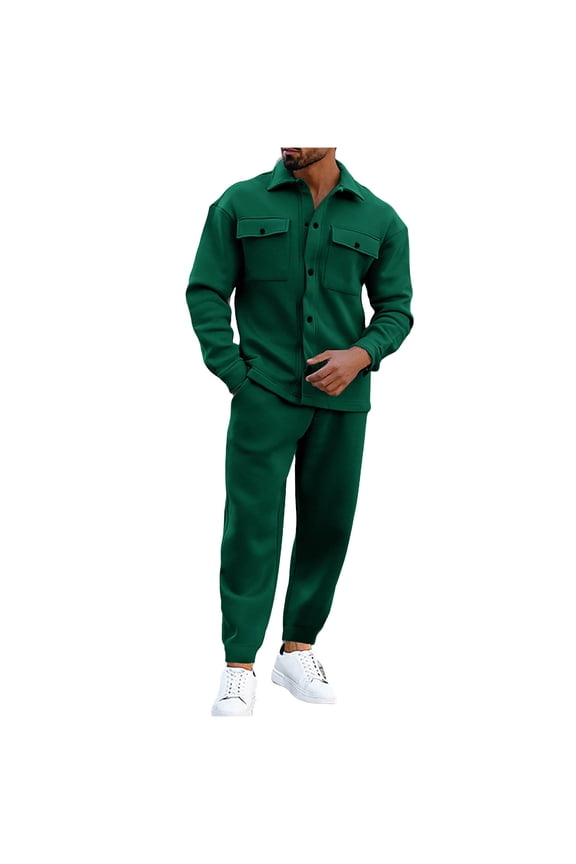 Mens Sets 2 Pieces Tracksuit Long Sleeve Button up Cargo Jacket and Jogger Pants Solid Color Outfits