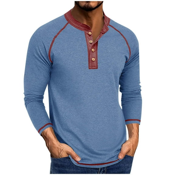 HAiming Mens Shirts Long Sleeve Color Block Casual Button Tee Lightweight Pullover Tops Trendy Clothes