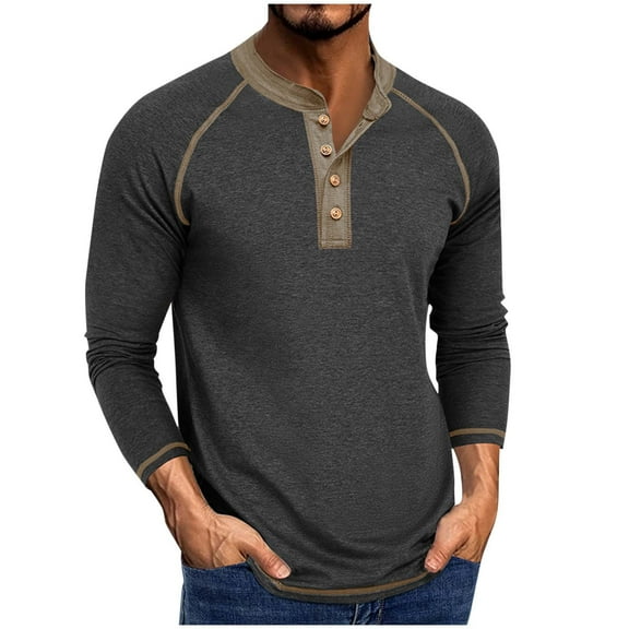 HAiming Mens Shirts Long Sleeve Color Block Casual Button Tee Lightweight Pullover Tops Trendy Clothes
