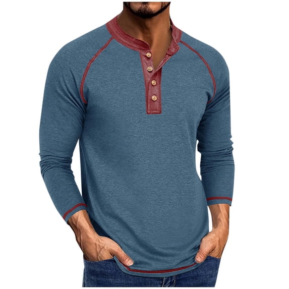 HAiming Mens Shirts Long Sleeve Color Block Casual Button Tee Lightweight Pullover Tops Trendy Clothes