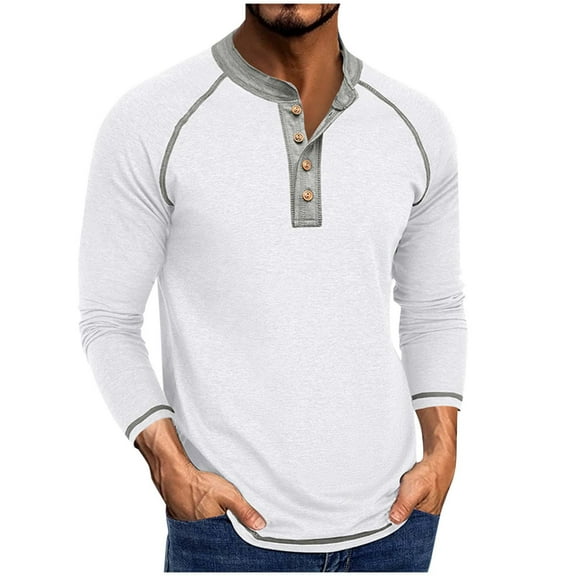 HAiming Mens Shirts Long Sleeve Color Block Casual Button Tee Lightweight Pullover Tops Trendy Clothes