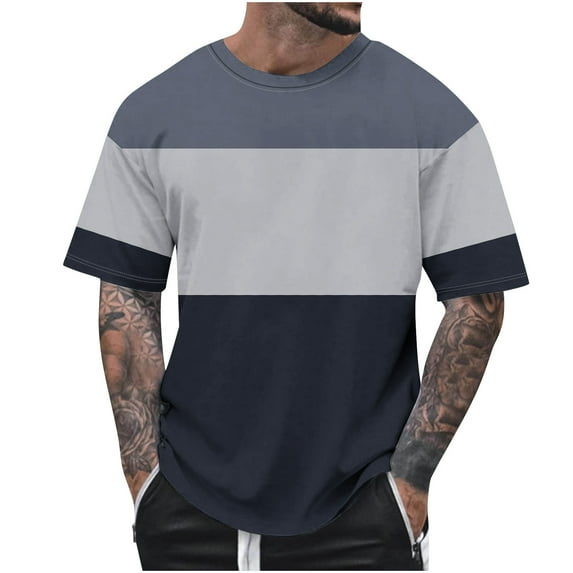 HAiming Mens Shirts Plus Size Short Sleeve Color Block Crewneck Pullover Tops Summer Casual Loose Tunic Blouse