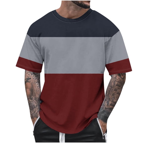 HAiming Mens Shirts Plus Size Short Sleeve Color Block Crewneck Pullover Tops Summer Casual Loose Tunic Blouse
