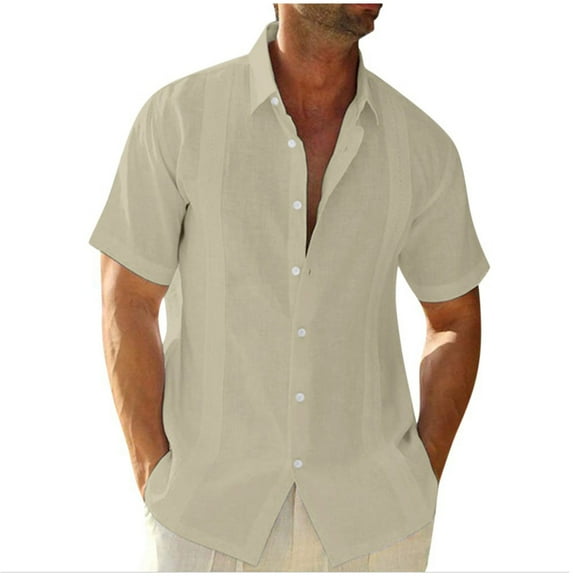 HAiming Mens Short Sleeve Shirt Button down Casual Cotton Linen Summer Beach Wedding Tops Plus Size Loose Basic Blouse