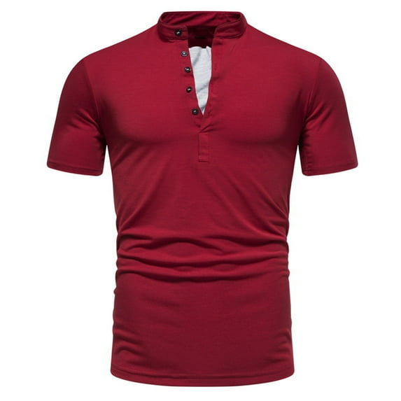 HAiming Mens Short Sleeve Shirt Plain Stand Collar Button Muscle Slim Pullover Tops Summer Casual Solid Color Blouse