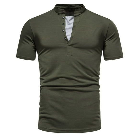 HAiming Mens Short Sleeve Shirt Plain Stand Collar Button Muscle Slim Pullover Tops Summer Casual Solid Color Blouse