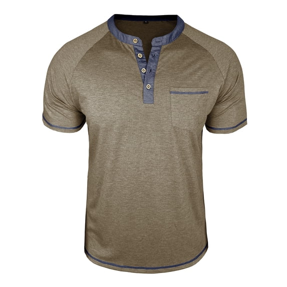 HAiming Mens Short Sleeve T-Shirt Color Block Striped Casual Button Crew Neck Pullover Tops with Pocket
