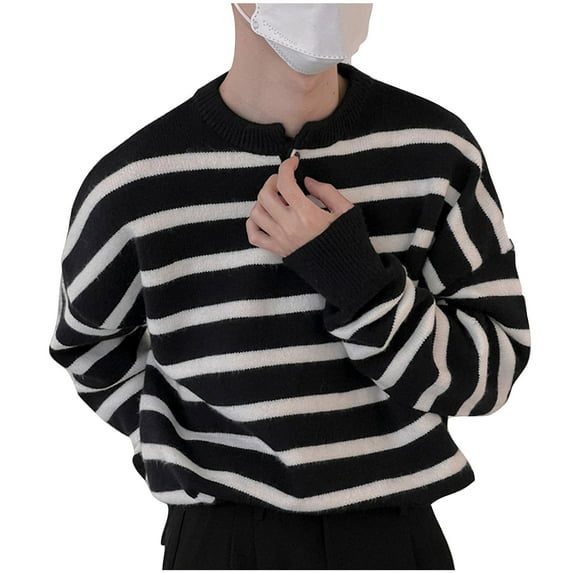 HAiming Mens Striped Sweaters Color Block Long Sleeve Crewneck Pullover Knit Tops Trendy Plus Size Casual Loose Blouse