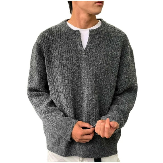 HAiming Mens Sweater Long Sleeve V Neck Casual Crewneck Cable Solid Color Loose Knit Pullover Tops
