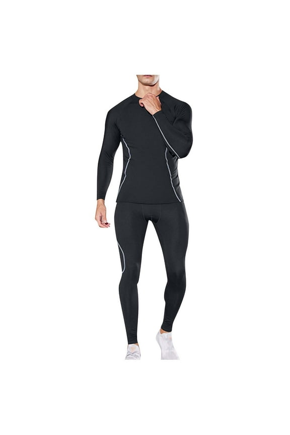 Mens Thermal 2 Piece Outfit Tights Sets Long Sleeve Crew Neck and Legging Running Workout Tracksuits