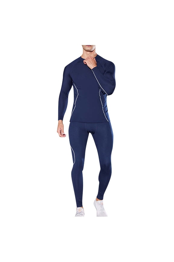 Mens Thermal 2 Piece Outfit Tights Sets Long Sleeve Crew Neck and Legging Running Workout Tracksuits
