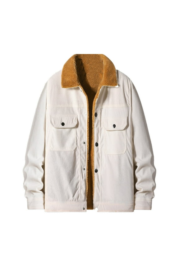 Mens Thick Corduroy Jacket Plus Size Fleece Lapel Long Sleeve Button down Casual Warm Coat Outwear with Pocket