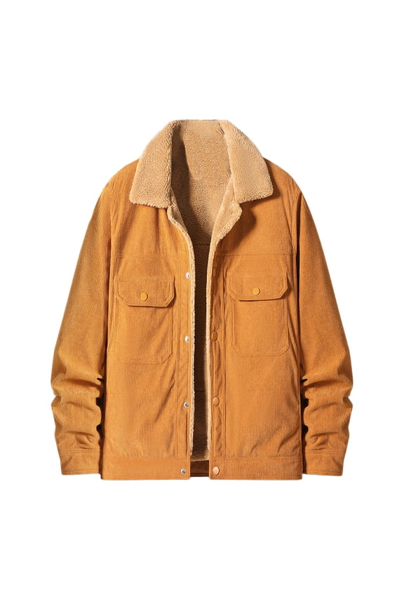 Mens Thick Corduroy Jacket Plus Size Fleece Lapel Long Sleeve Button down Casual Warm Coat Outwear with Pocket