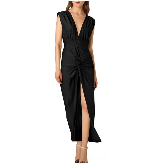 HAiming Midi Dress for Women Summer V Neck Sleeveless Ruched Open Back Formal Wedding Guest Cocktail Dresses