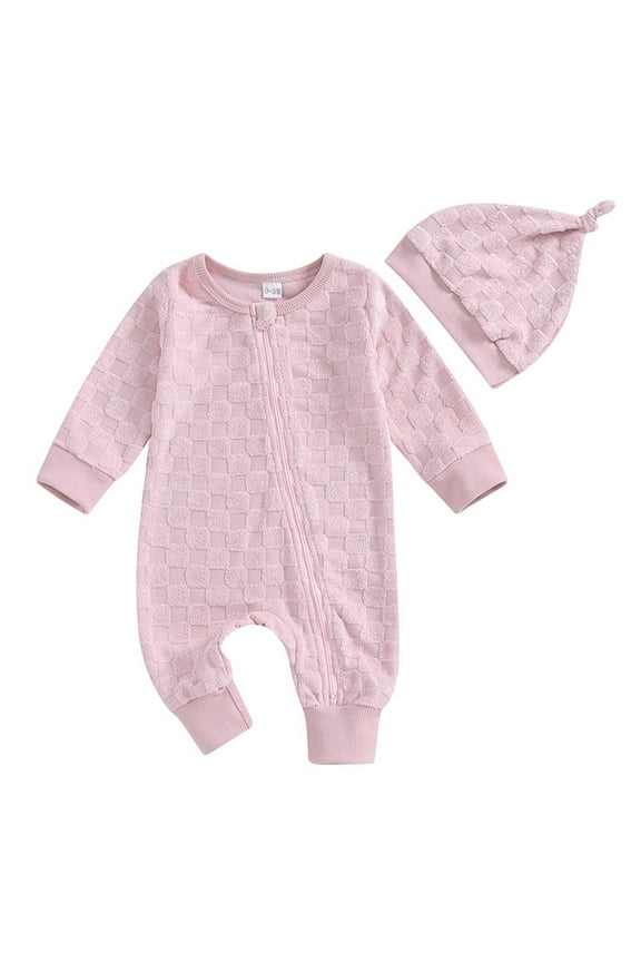 Newborn Boy Girl Fall Winter Clothes Zipper Romper Long Sleeve Cute Jumpsuit Warm Baby Outfit with Hat