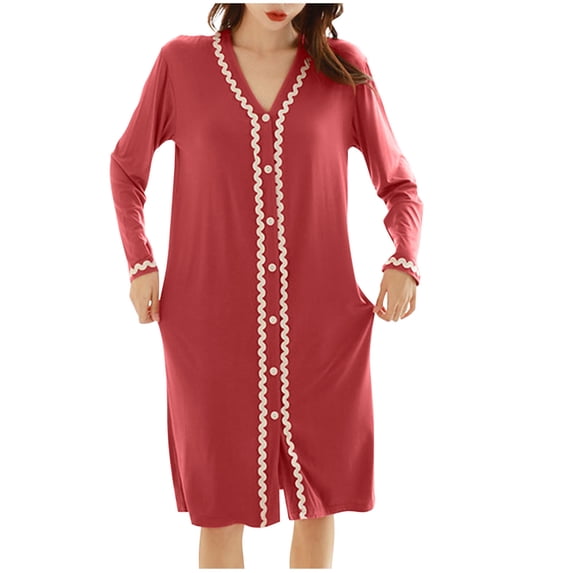 HAiming Nightgowns for Women Long Sleeve Nightshirt Button down Sleepshirt V Neck Soft Comfy Nightdress