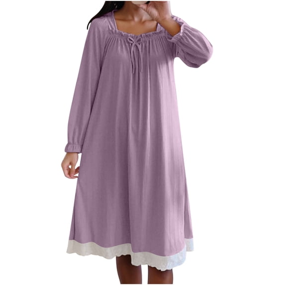 HAiming Nightgowns for Women Long Sleeve Square Neck Ruffle Trim Flowy Nightdress Loose Soft Cozy Pleated Sleepwear