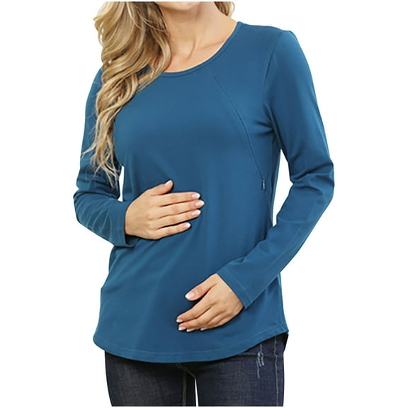 HAiming Oversize Maternity Nursing Tops for Women Long Sleeve Round Neck Breastfeeding Basic T-Shirts
