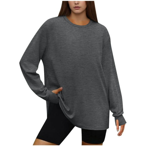 HAiming Oversized T Shirts for Women Thumb Hole Long Sleeve Workout Tops Crewneck Tee Clothes Fall Trendy Clothing Gray M