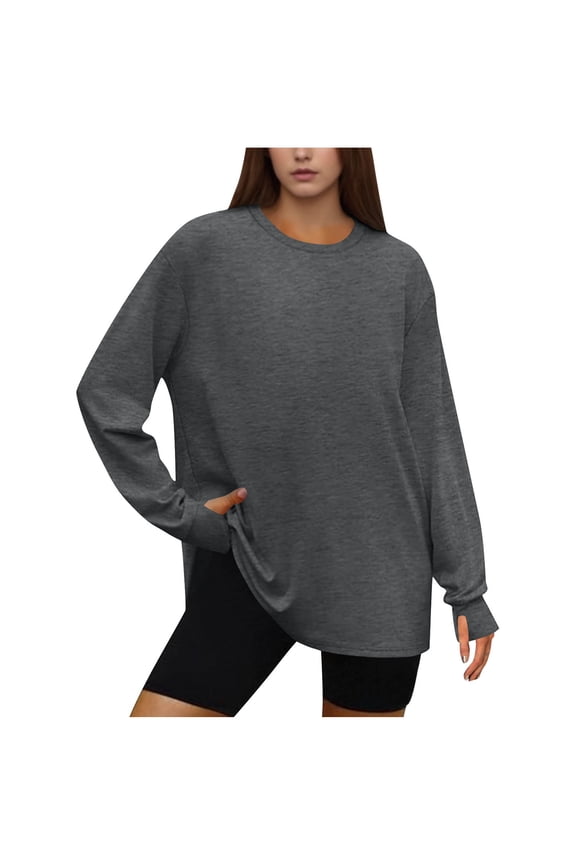 Oversized T Shirts for Women Thumb Hole Long Sleeve Workout Tops Crewneck Tee Clothes Fall Trendy Clothing Gray 3XL
