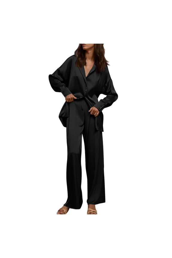 Womens 2 Piece Silk Satin Pajama Sets Long Sleeve Button Shirts and Pants Outfits Casual Comfy Loungewear