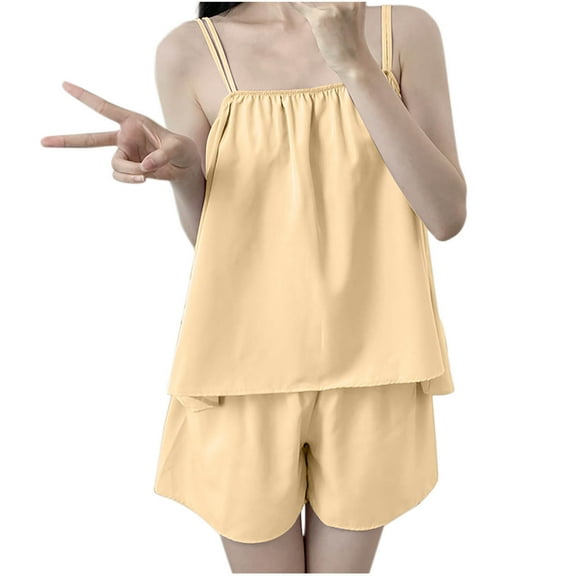 HAiming Pajamas Set for Women 2 Piece Sleeveless Pleated Tops Elastic Waist Shorts Cozy Sleepwear Pjs Lounge Sets