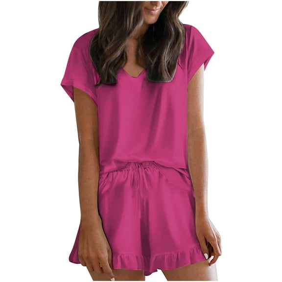 HAiming Pajamas Set for Women Satin Short Sleeve Round Neck Top Shorts Loungewear 2 Piece Silk Sleepwear Loose Outfits