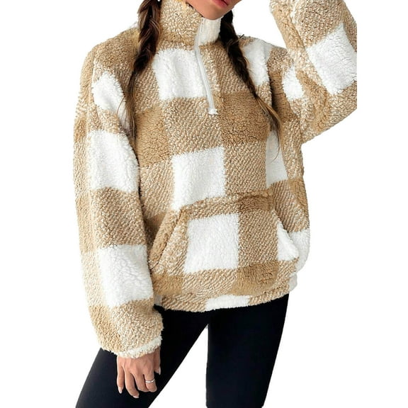 HAiming Plaid Color Block Stand Collar Fuzzy Sweatshirt for Women Long Sleeve Stand Collar Tops Soft Warm Blouse