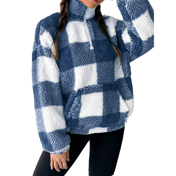 HAiming Plaid Color Block Stand Collar Fuzzy Sweatshirt for Women Long Sleeve Stand Collar Tops Soft Warm Blouse