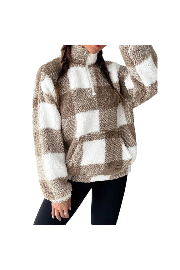 Plaid Color Block Stand Collar Fuzzy Sweatshirt for Women Long Sleeve Stand Collar Tops Soft Warm Blouse