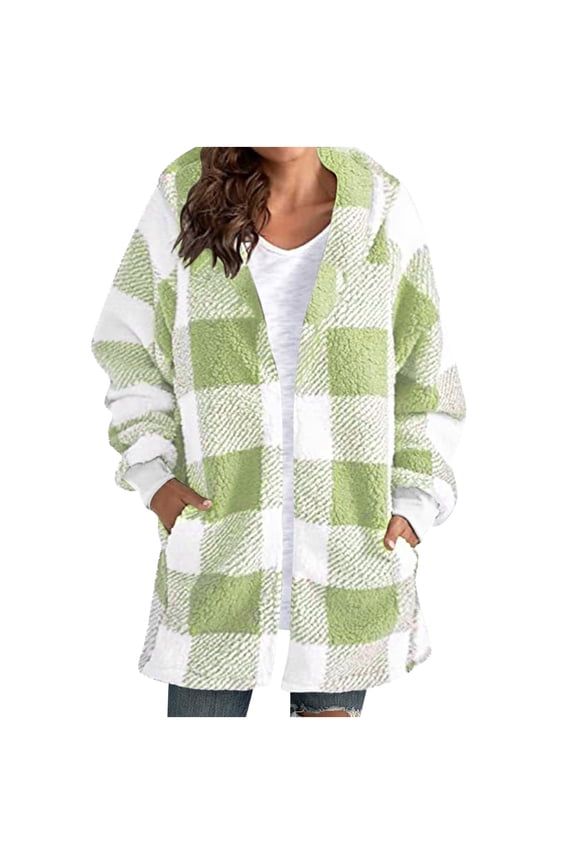 Plaid Fleece Long Hooded Cardigan Casual Long Sleeve Oversize Jacket Coat Fall Winter Trendy Outwear