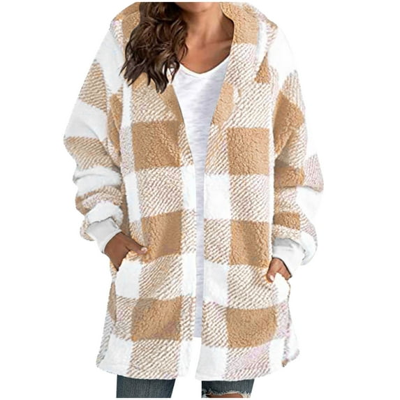 HAiming Plaid Fleece Long Hooded Cardigan Casual Long Sleeve Oversize Jacket Coat Fall Winter Trendy Outwear