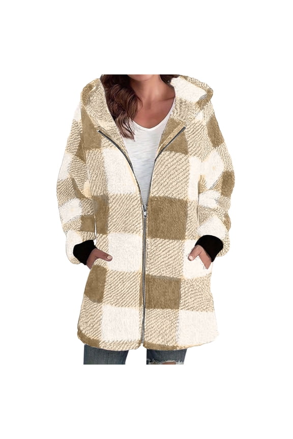 Plaid Hoodie Jacket for Women Full Zip Button down Casual Long Coat Fall Winter Clothes with Pocket
