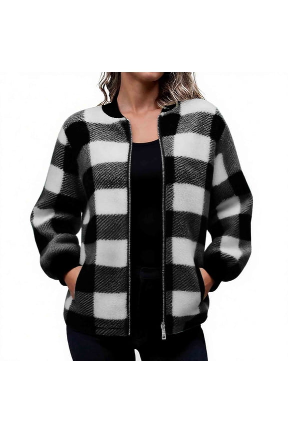 Plaid Jacket for Women Casual Zip up Long Sleeve Baggy Outwear Coat Fall Trendy Loose Tops with Pockets