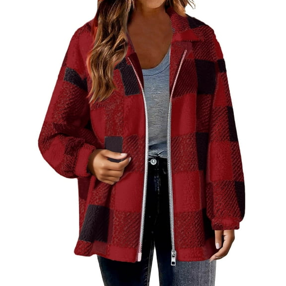 HAiming Plaid Plus Size Sweatshirt Coat Full Zip Feece Casual Long Sleeve Hoodie Jacket for Women