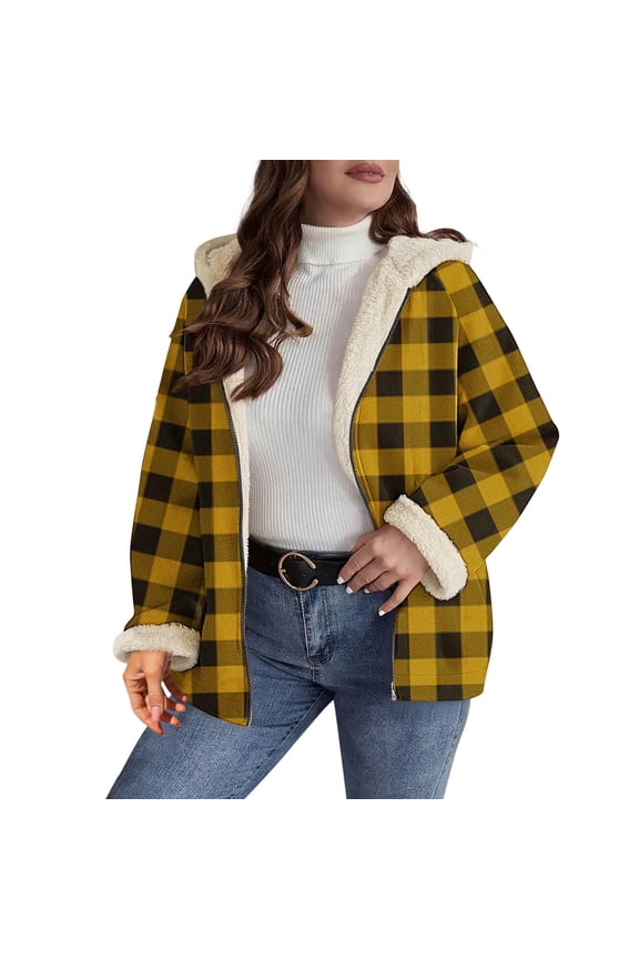 Plaid Zip up Fleece Lined Hooded Coat for Women Casual Oversize Long Sleeve Jacket Soft Warm Tops Trendy Clothes