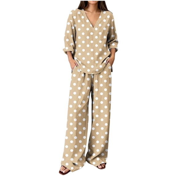 HAiming Plus Size 2 Piece Sets for Women Polka Dot Long Sleeve Tops Wide Leg Pants with Pockets Loose Lounge Sets