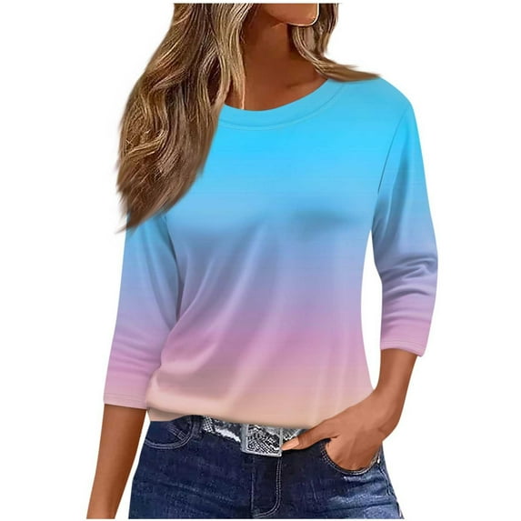 HAiming Plus Size 3/4 Sleeve Shirts for Women Trendy Gradient Color Crewneck Pullover Tops Loose Casual Basic Blouse