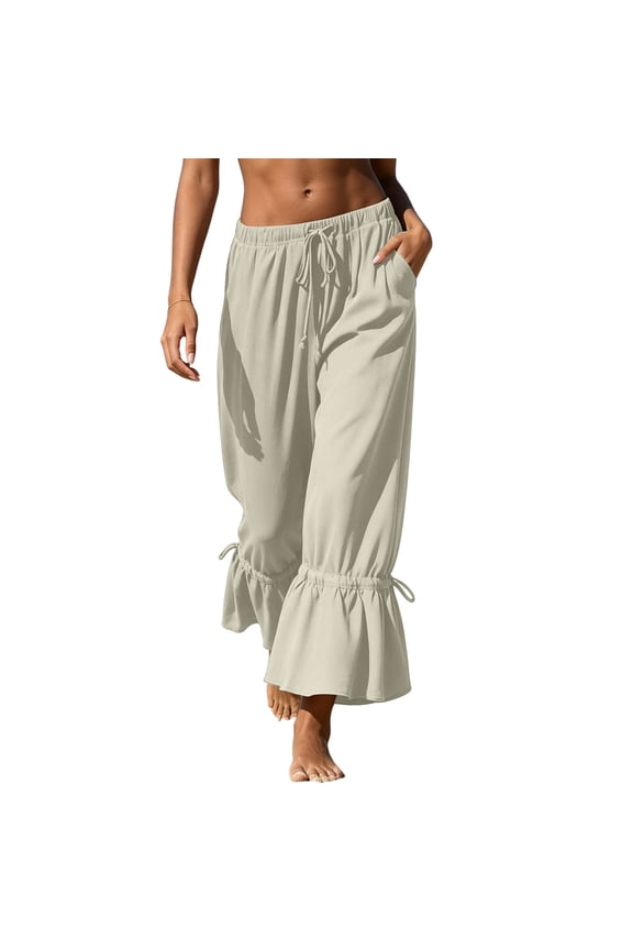 Plus Size Boho Pants for Women Ruffle Baggy Loose Casual Drawstring Elastic Waist Pants Vacation Pants
