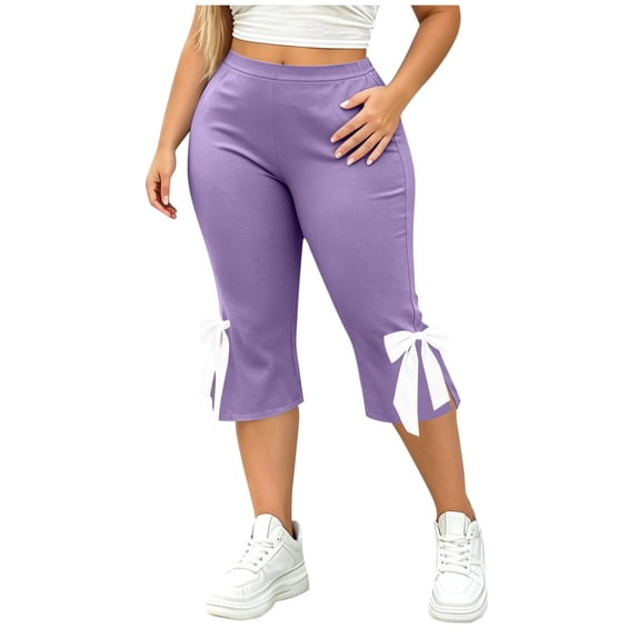 HAiming Plus Size Capri Pants for Women Bow Side Slit Slim Elastic Waist Solid Color Casual Pants Workout Pants