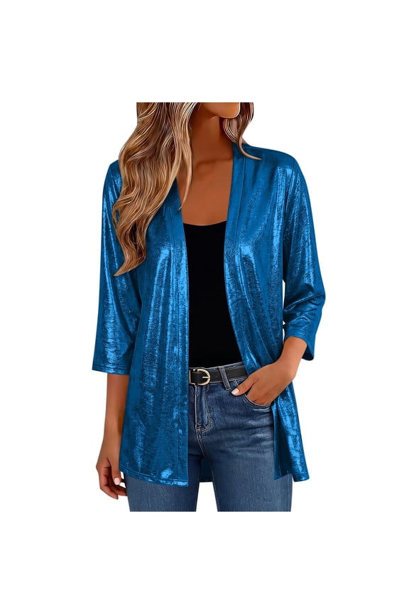 Plus Size Cardigan for Women 3/4 Length Sleeve Open Front Sparkle Trendy Shrug Summer Party Outdoors Blouses