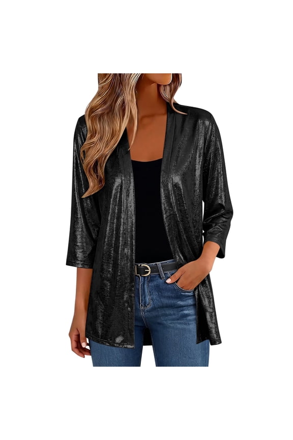 Plus Size Cardigan for Women 3/4 Length Sleeve Open Front Sparkle Trendy Shrug Summer Party Outdoors Blouses