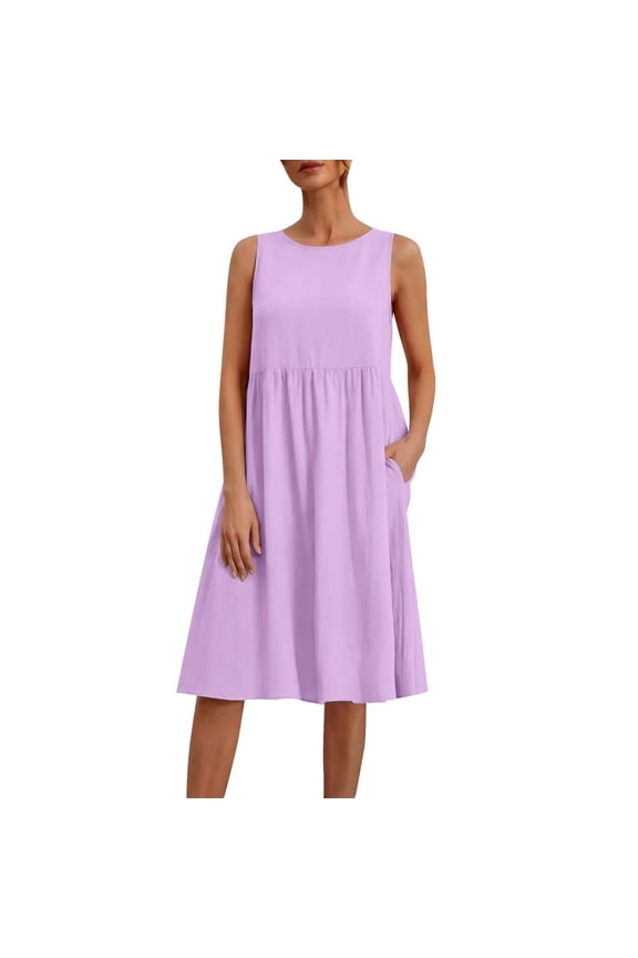 Plus Size Cotton Linen Dresses for Women Sleeveless Smocked Midi Sundress with Pockets Loose Casual Summer Vacation Dresses